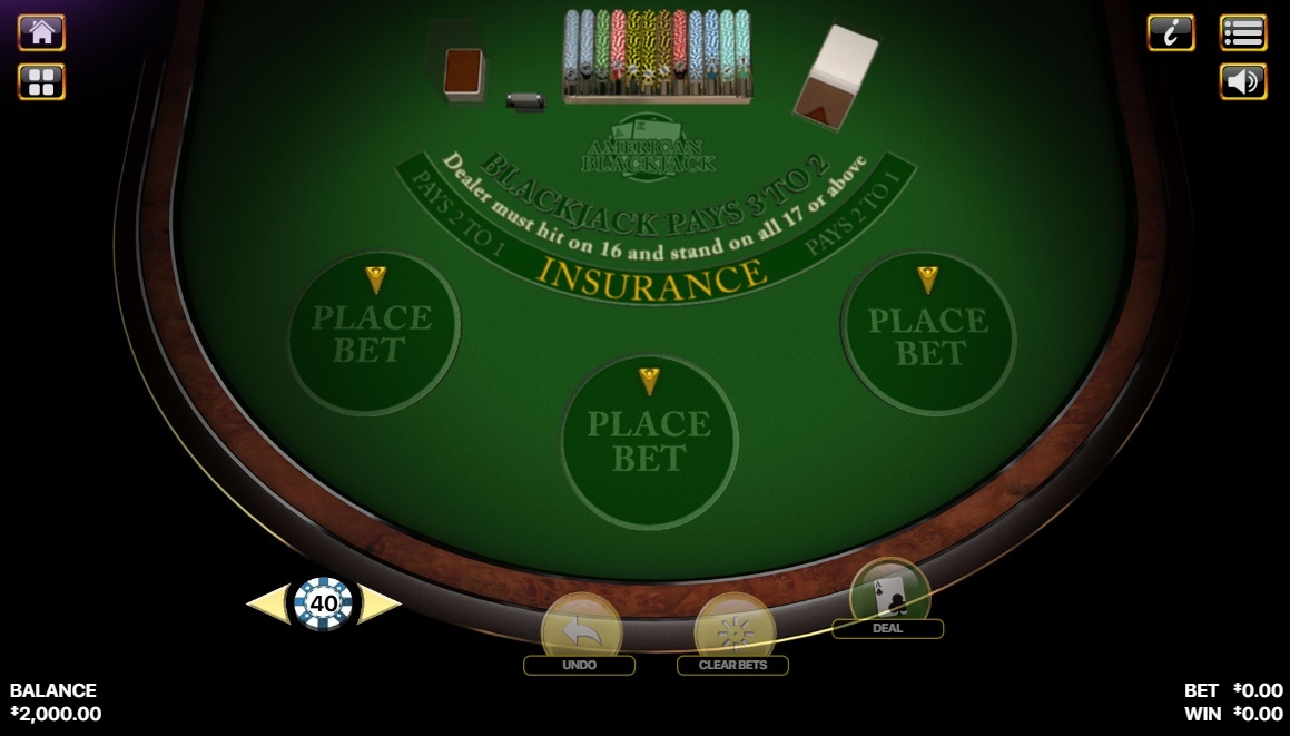 Blackjack table game showing betting spots, chips, cards, and deal controls